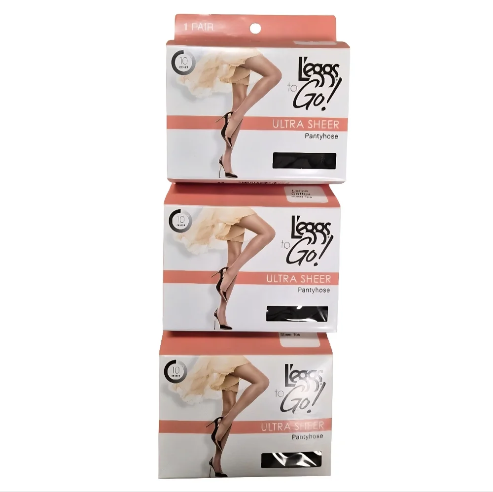 L’eggs To Go Ultra Sheer Pantyhose– Large Off Black Sheer Toe– 3 Pack-New In Box